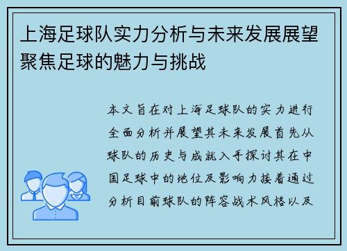 上海足球队实力分析与未来发展展望聚焦足球的魅力与挑战